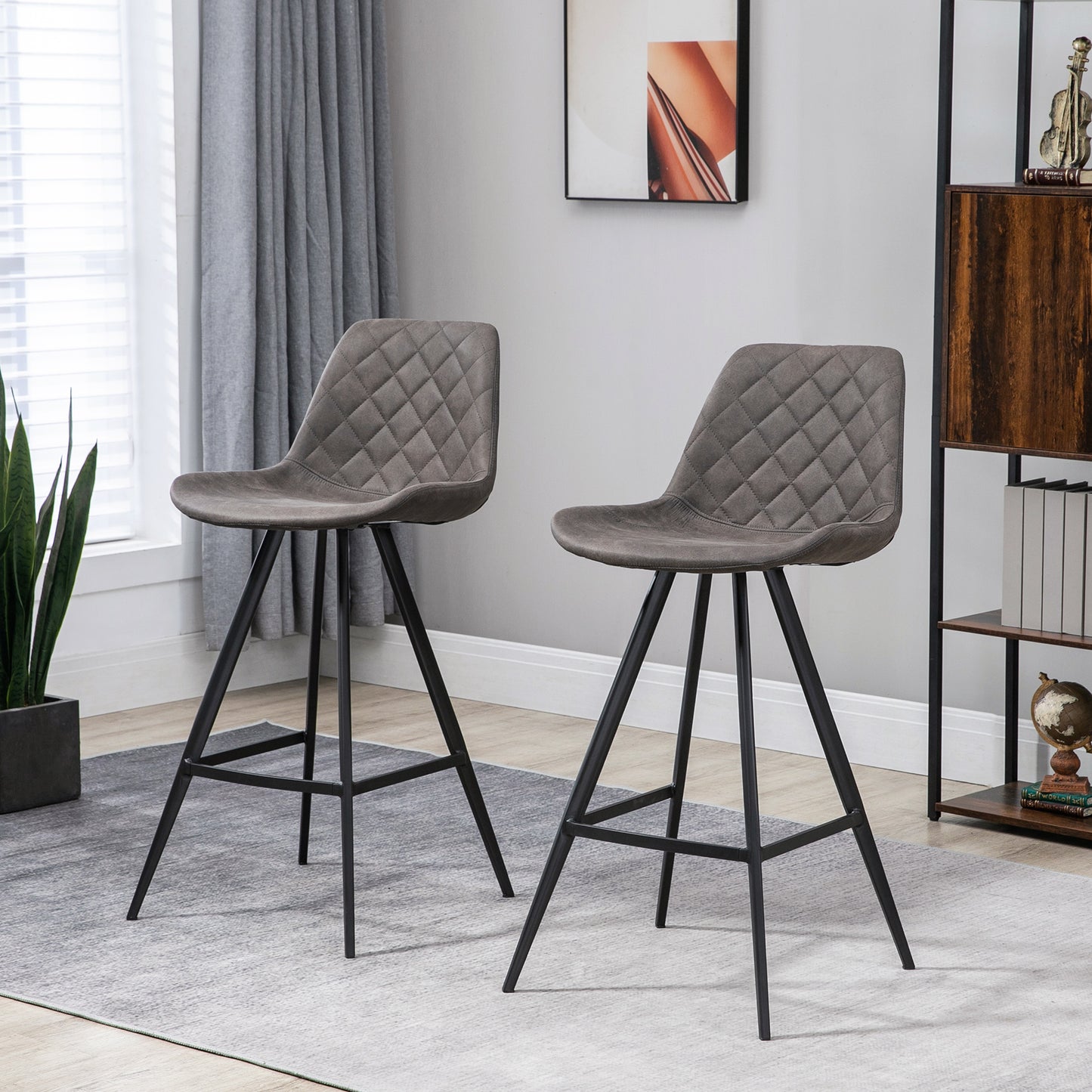 HOMCOM Set Of 2 Bar Stools Vintage Microfiber Cloth Tub Seats Padded Comfortable Steel Frame Footrest Quilted Home Kitchen Chair Stylish Dark Grey