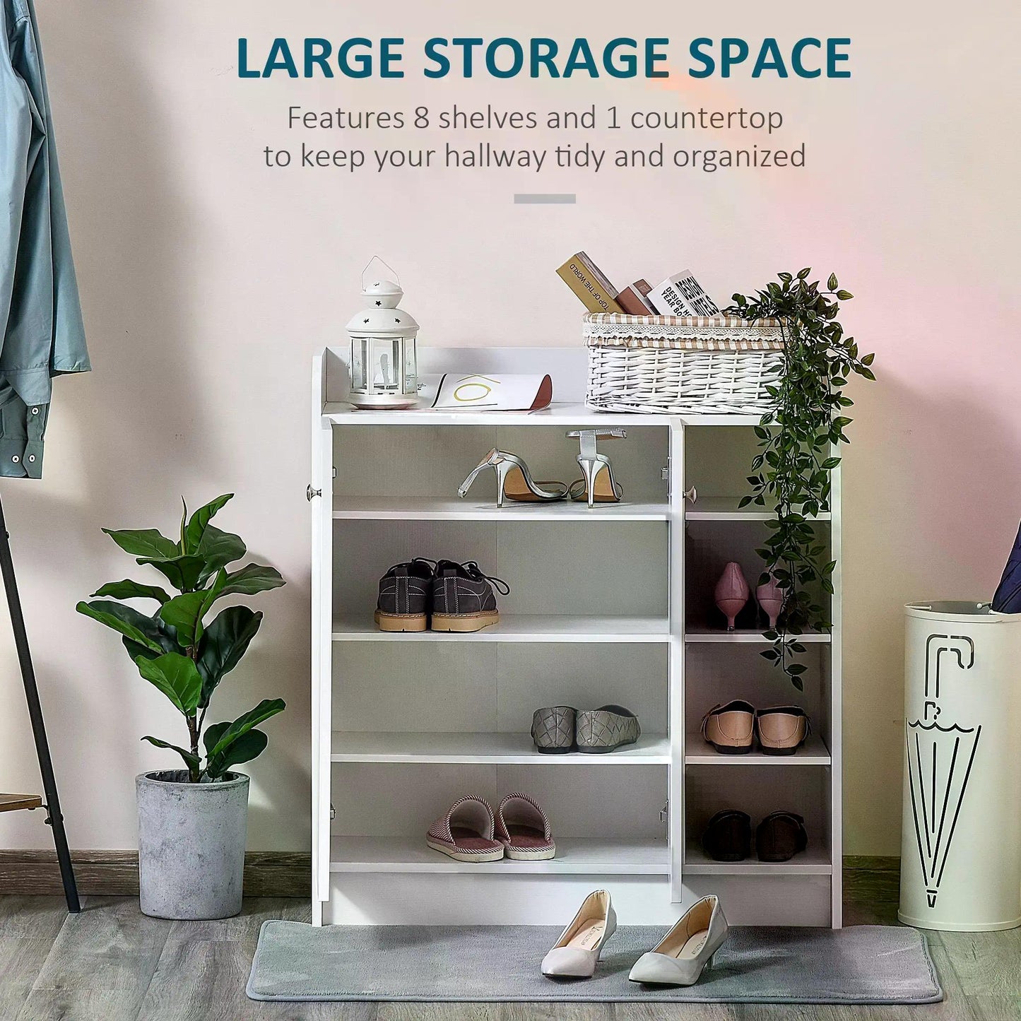 HOMCOM Shoe Storage Cabinet Home Hallway Furniture 2 Doors w/Adjustable 4 Shelves Cupboard Footwear Rack Stand Organiser White