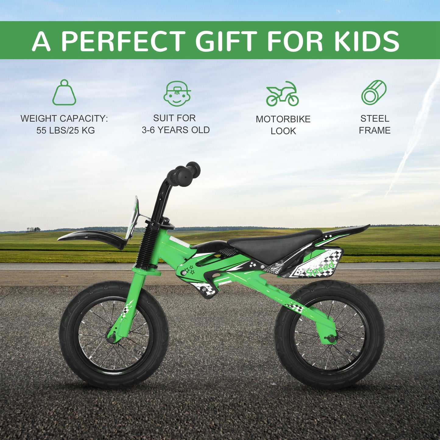 HOMCOM 12" Kids Balance Bike, No Pedal Training Bicycle, Motorbike Look, Steel Frame with Air Filled Tire, Handlebar, PU Seat for 3-6 Years Old, Green