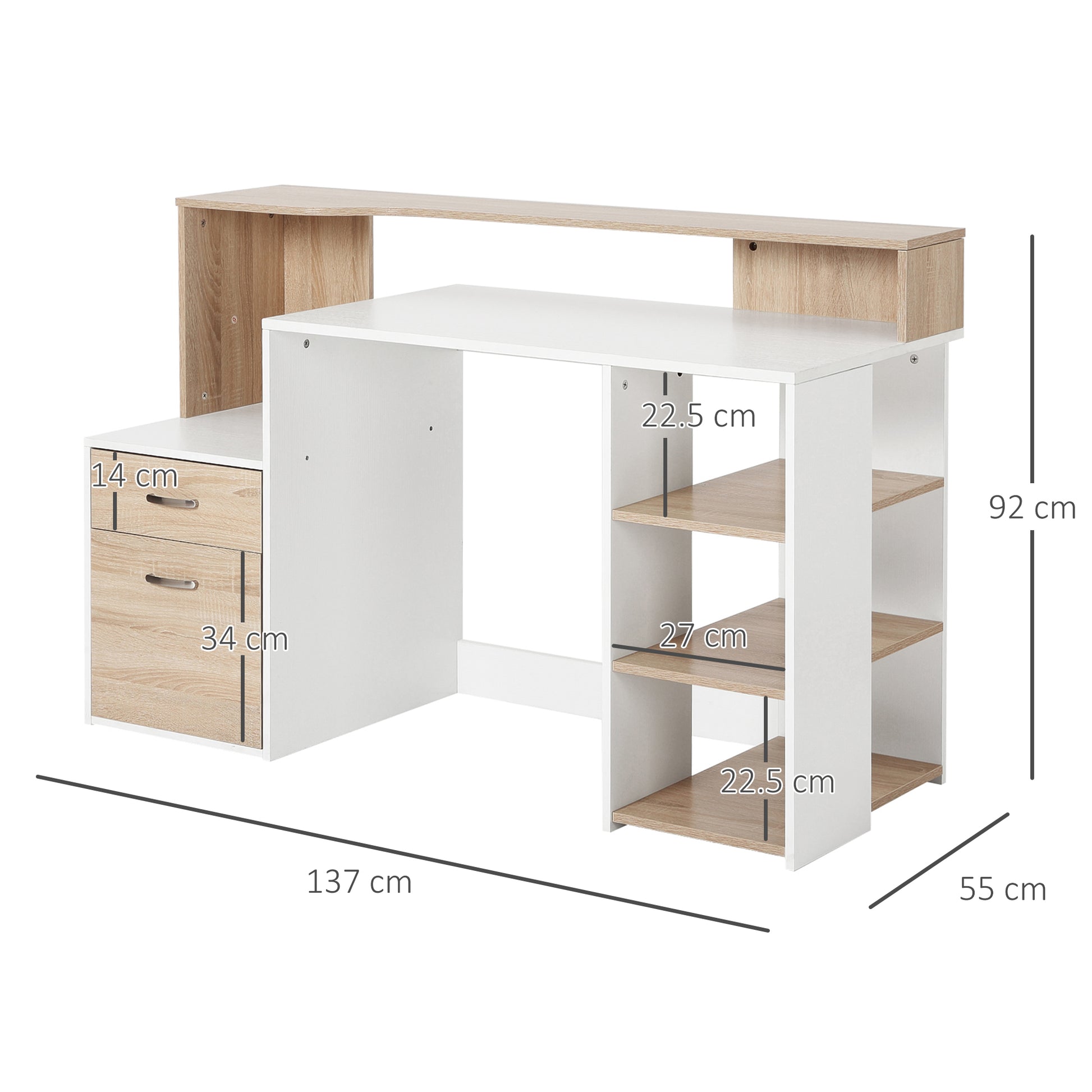 HOMCOM Computer Desk PC Table Modern Home Office Writing Workstation Furniture Printer Shelf Rack w/ Storage Drawer & Shelves (Oak and white)