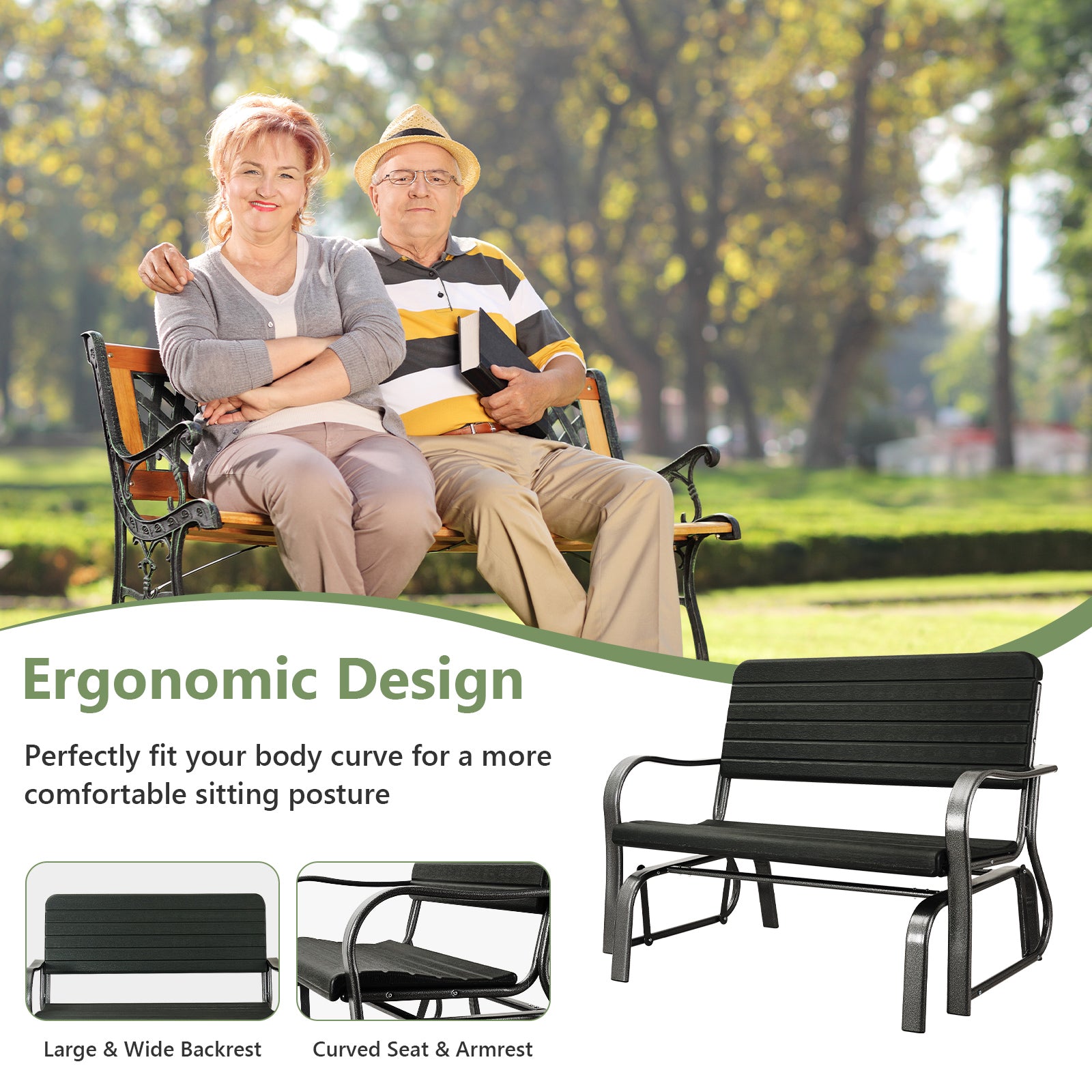 2 Seater Garden Bench with Ergonomic Backrest and Armrests