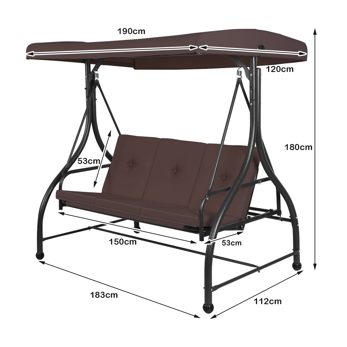 3 Seater Garden Swing Chair with Adjustable Canopy and Cushions-Brown