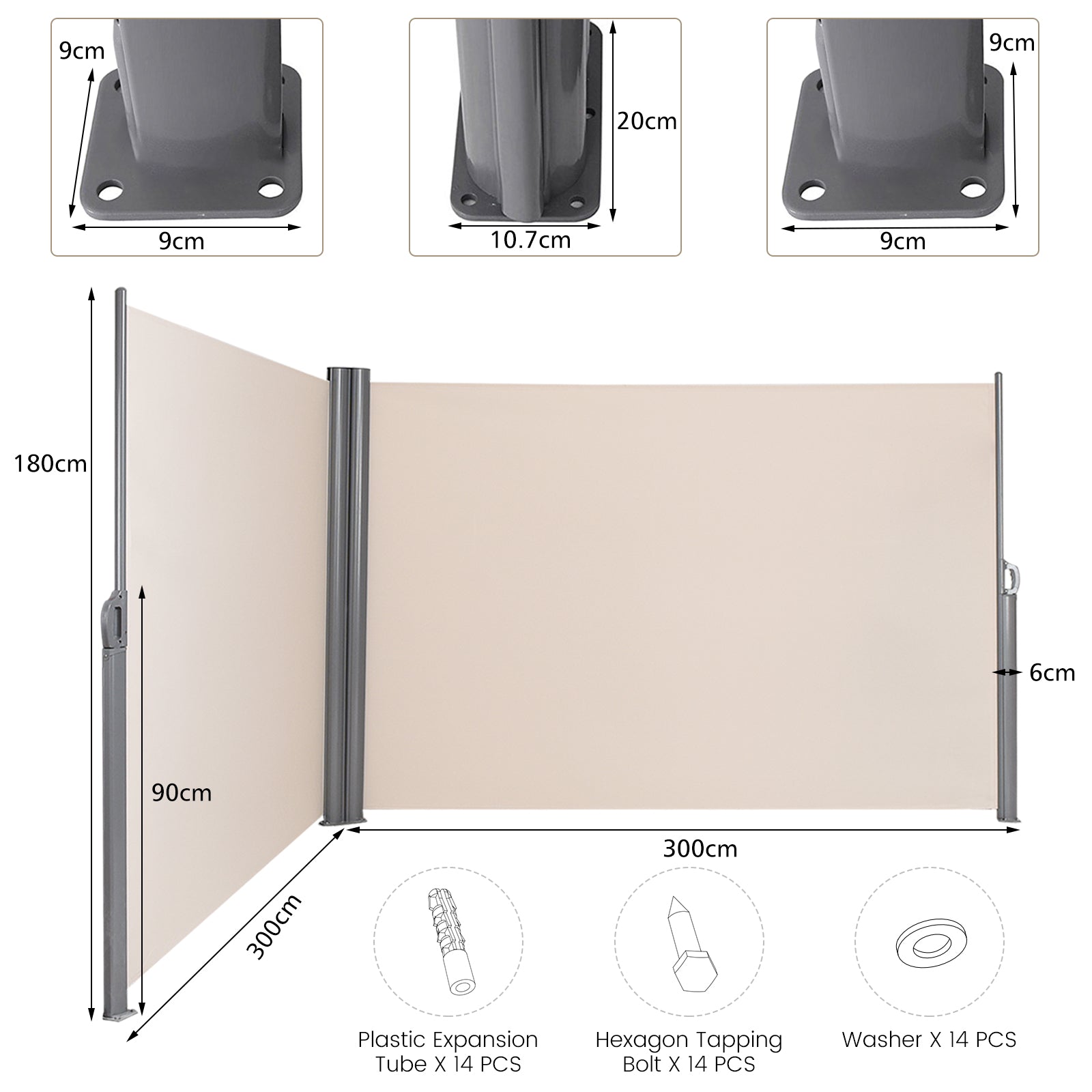 600 x 180 cm Double-Sided Retractable Folding Side Awning with Handle