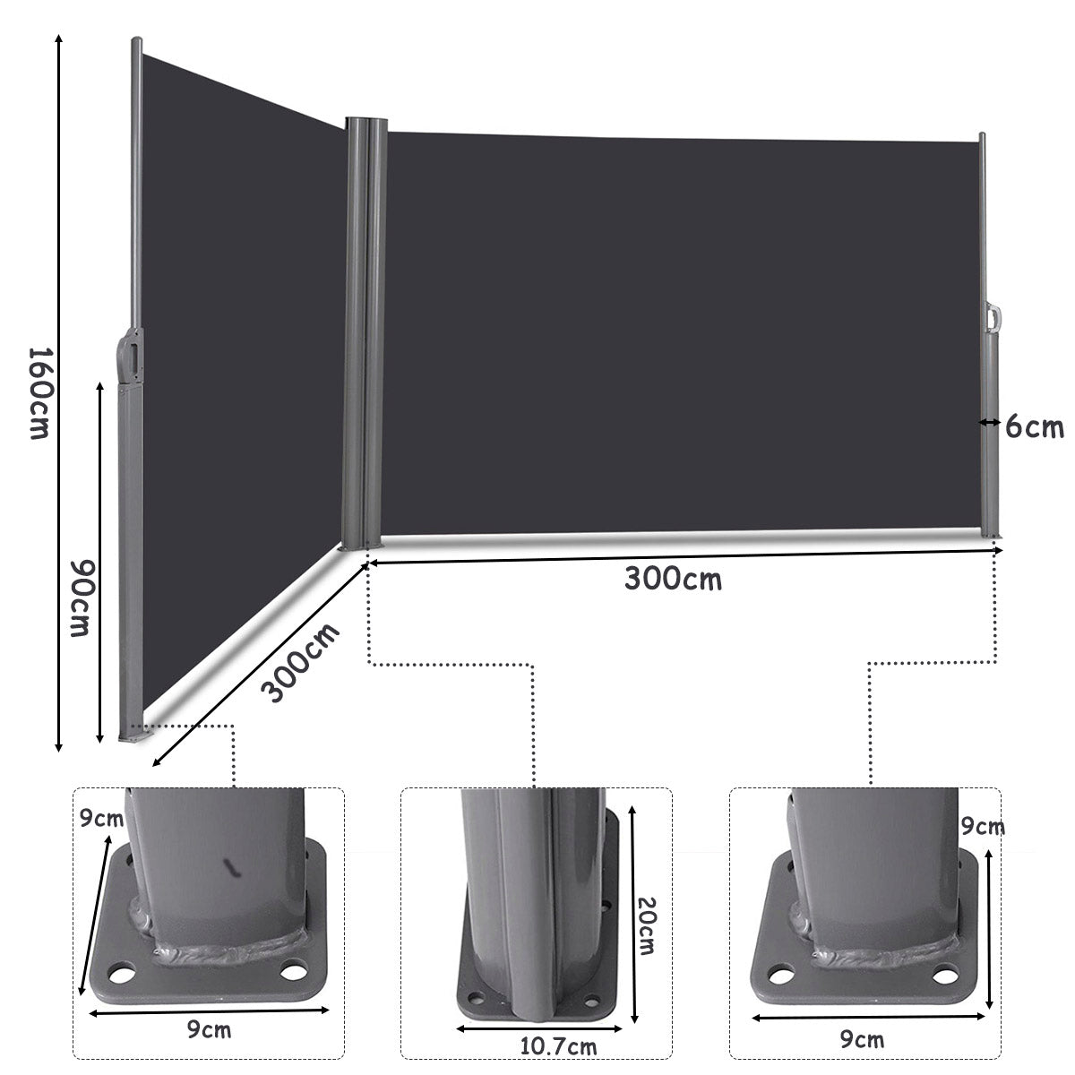 600 x 160 cm Patio Double-Sided Retractable Folding Side Awning