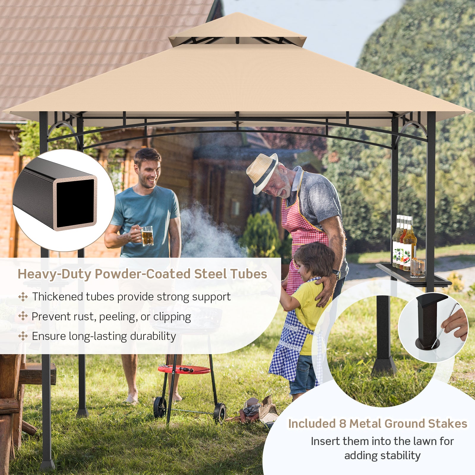 BBQ Grill Gazebo with Double-Tier Vented Top-Brown