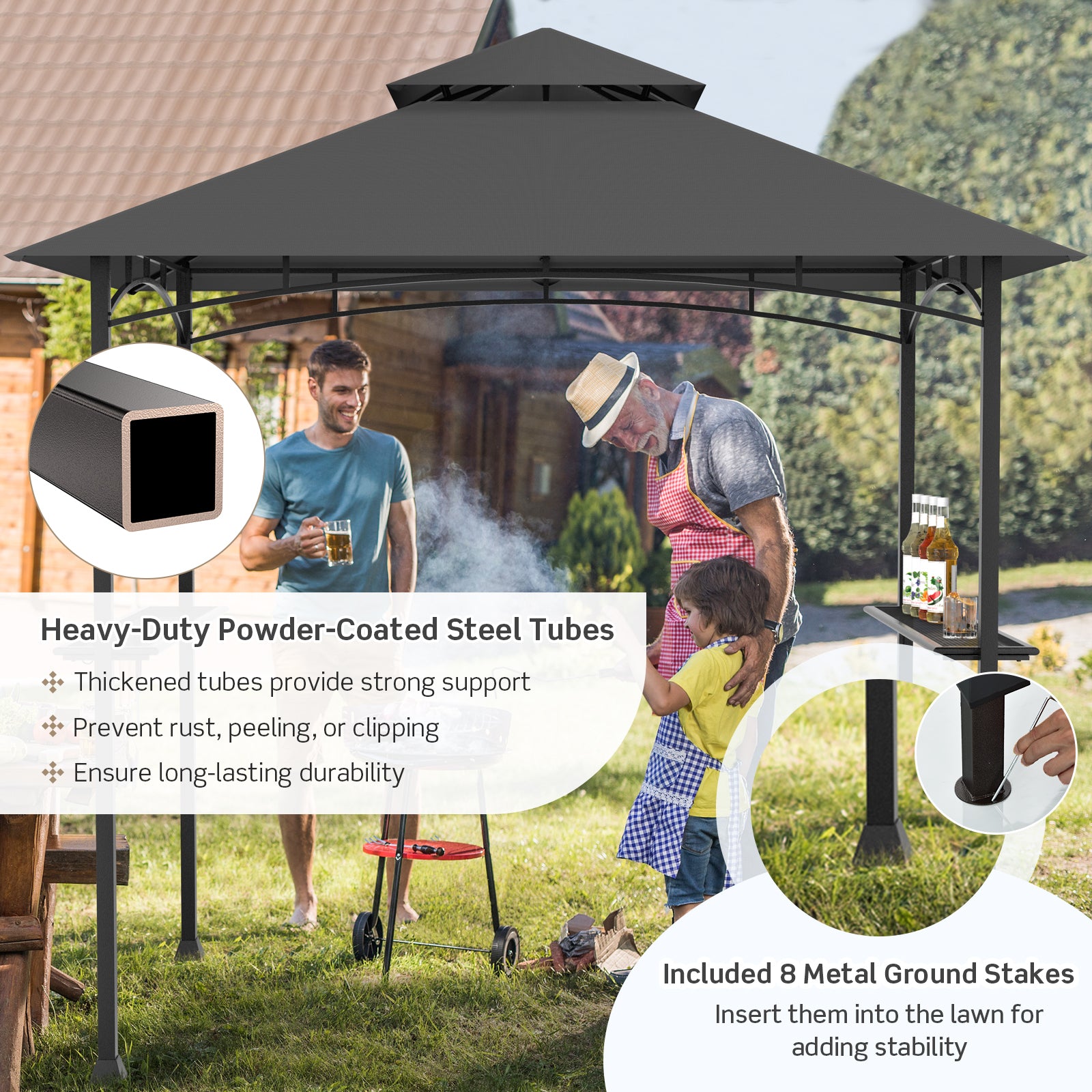 BBQ Grill Gazebo with Double-Tier Vented Top-Grey