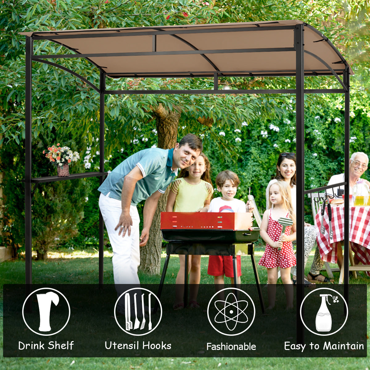 7 Feet Grill Gazebo with Serving Shelf and Storage Hooks-Coffee