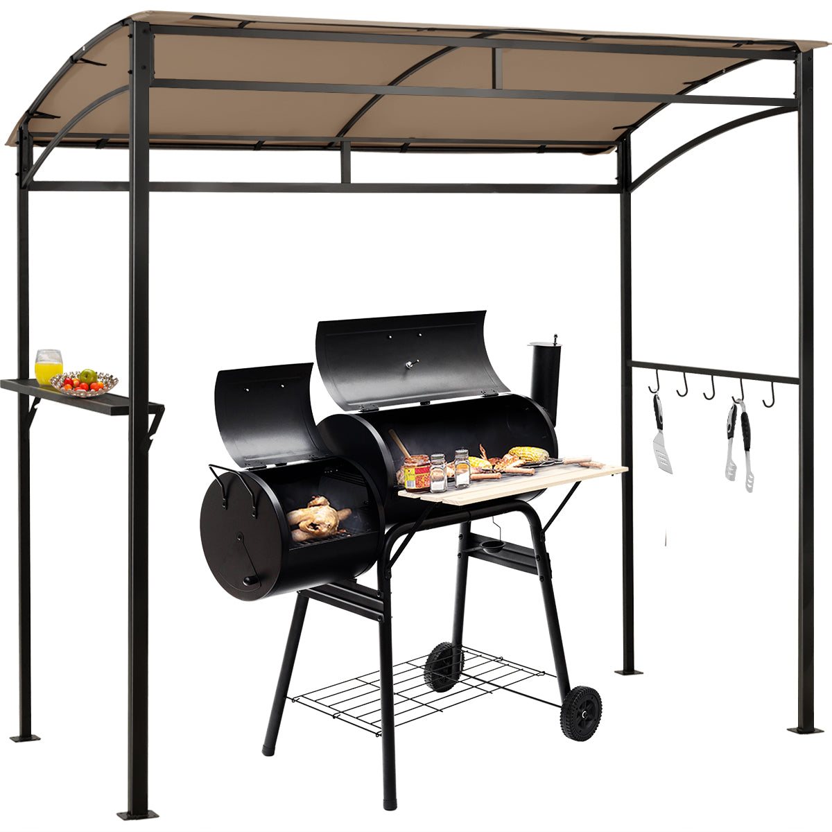 7 Feet Grill Gazebo with Serving Shelf and Storage Hooks-Coffee