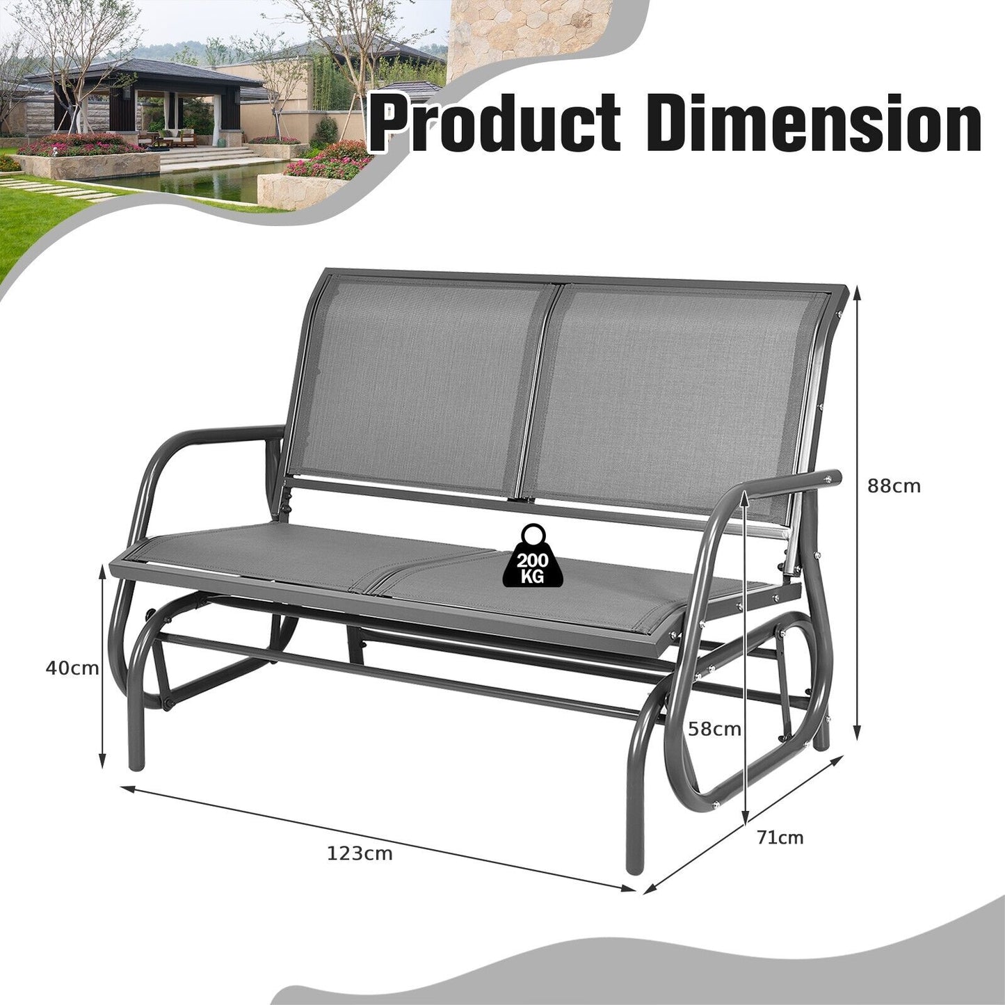 Outdoor Swing Glider Chair with Spacious Space-Grey