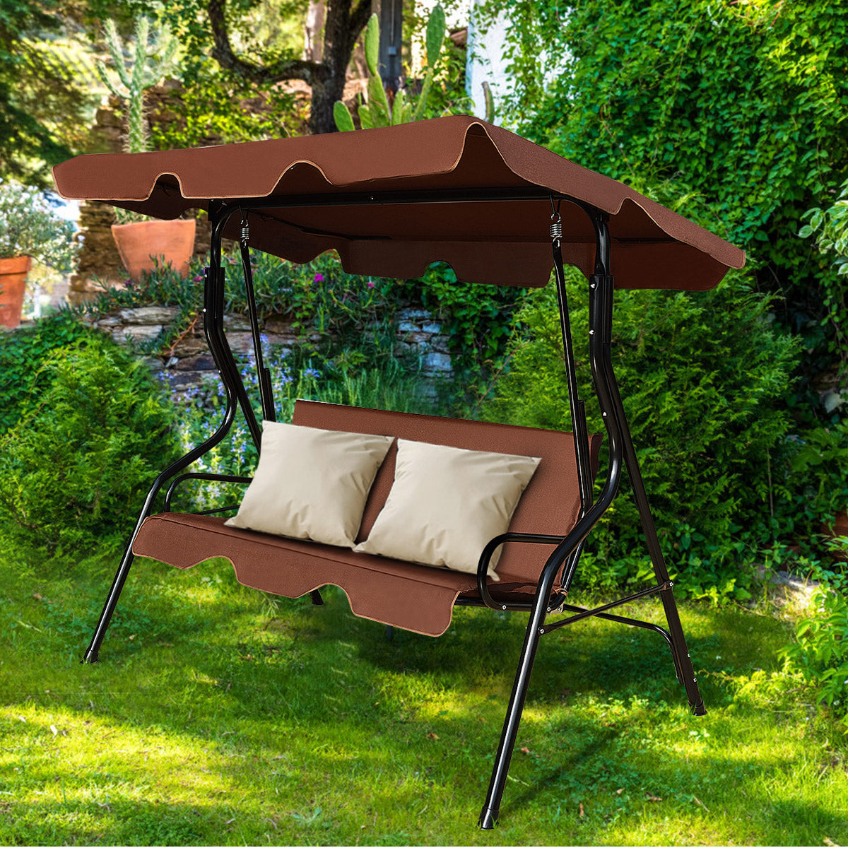 Garden Patio Metal Swing 3 Seater Lounger-Brown