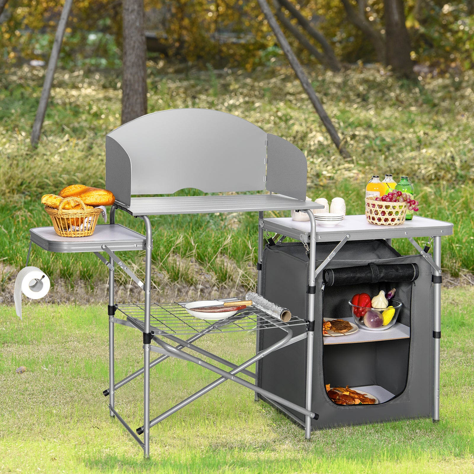 Outdoor Camping Table with Storage and Windscreen for BBQ-Grey