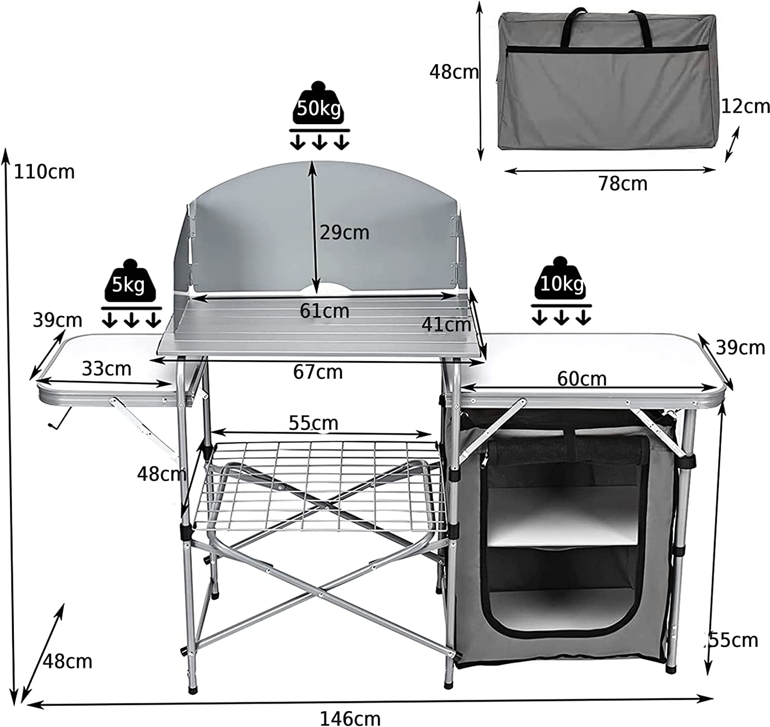 Outdoor Camping Table with Storage and Windscreen for BBQ-Grey