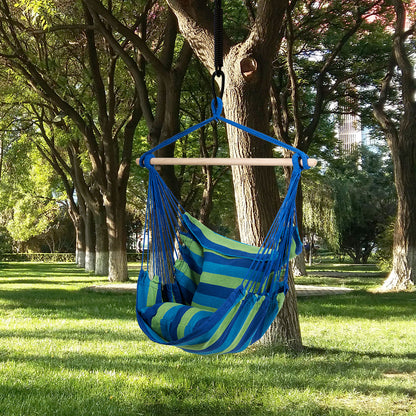 Hammock Swing Chair with 2 Padded Cushions and Solid Wood Spreader Bar-Blue