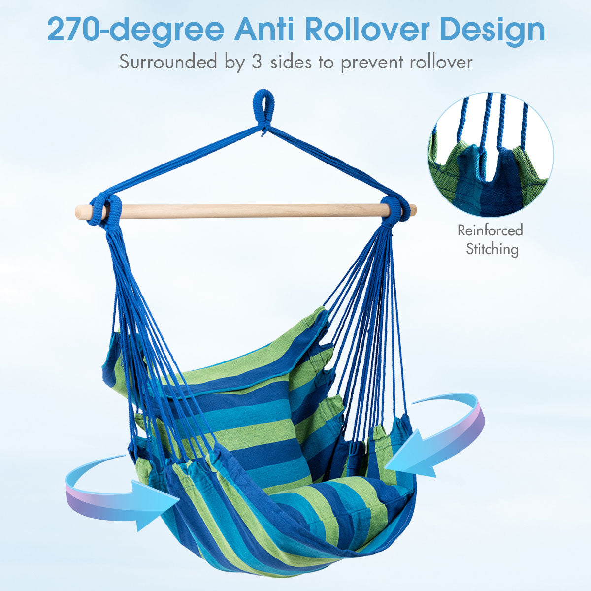 Hammock Swing Chair with 2 Padded Cushions and Solid Wood Spreader Bar-Blue