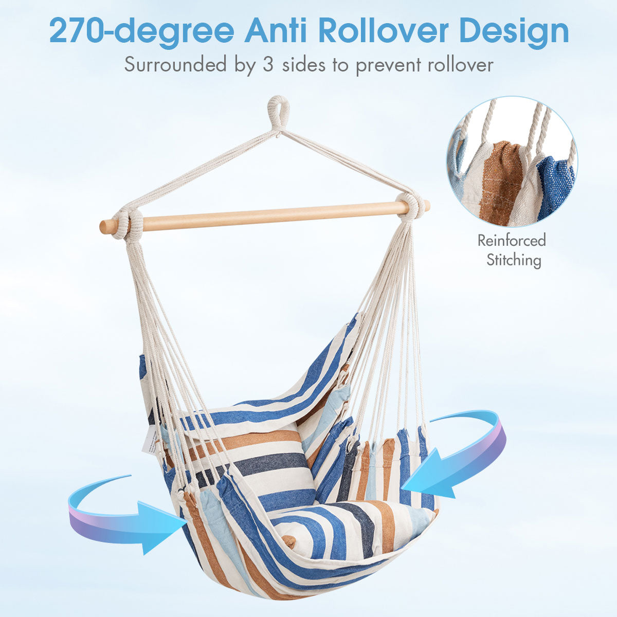 Hammock Swing Chair with 2 Padded Cushions and Solid Wood Spreader Bar-Beige