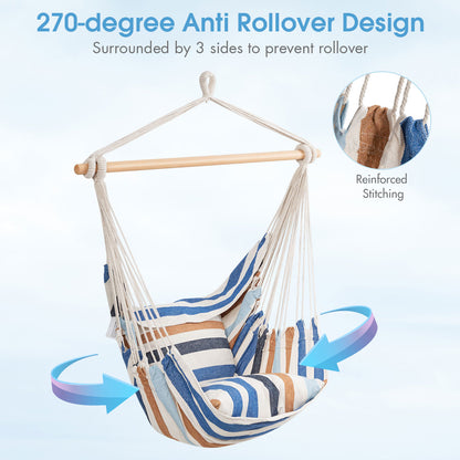 Hammock Swing Chair with 2 Padded Cushions and Solid Wood Spreader Bar-Beige