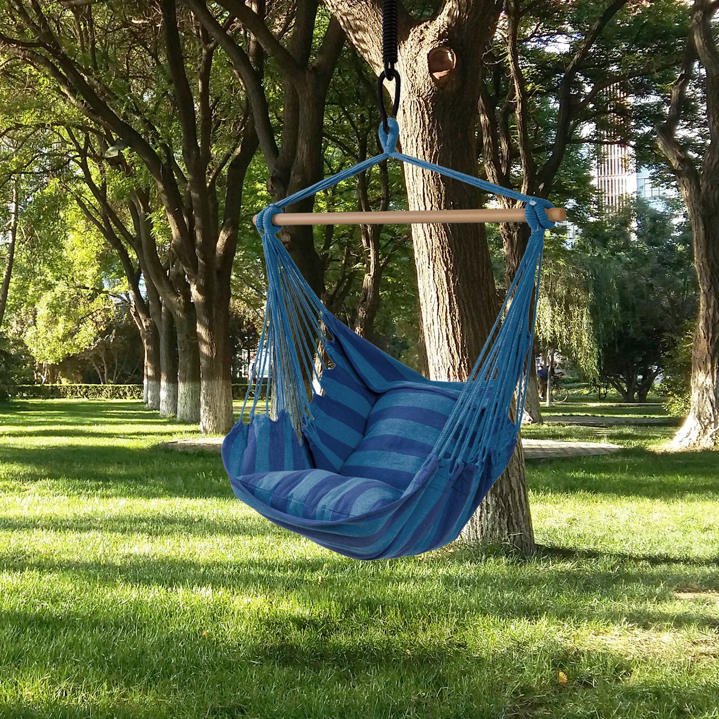 Hammock Swing Chair with 2 Padded Cushions and Solid Wood Spreader Bar-Navy