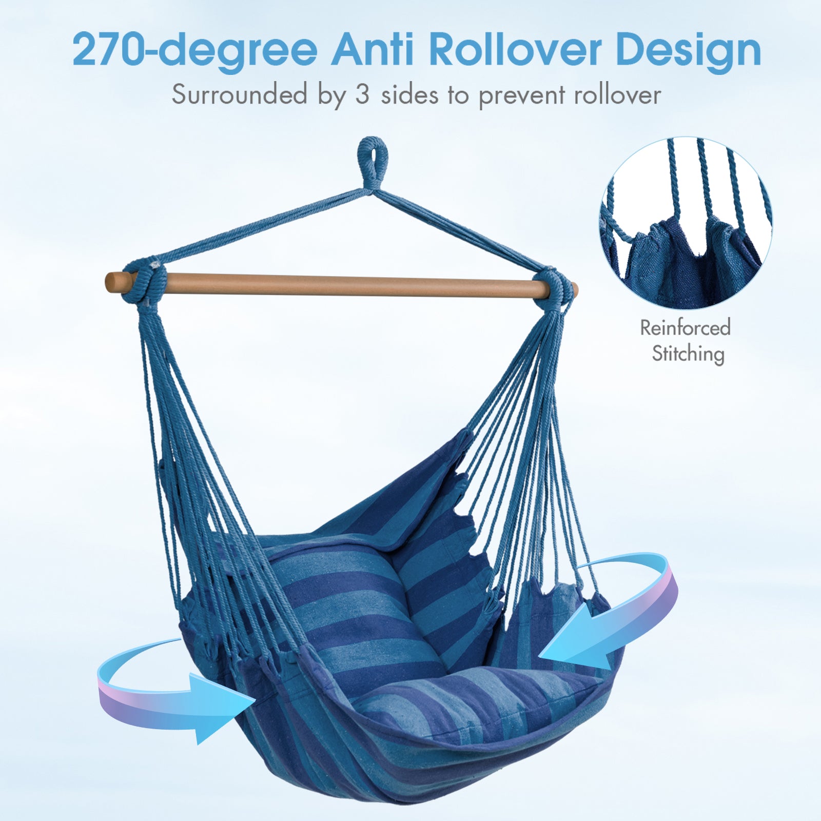 Hammock Swing Chair with 2 Padded Cushions and Solid Wood Spreader Bar-Navy