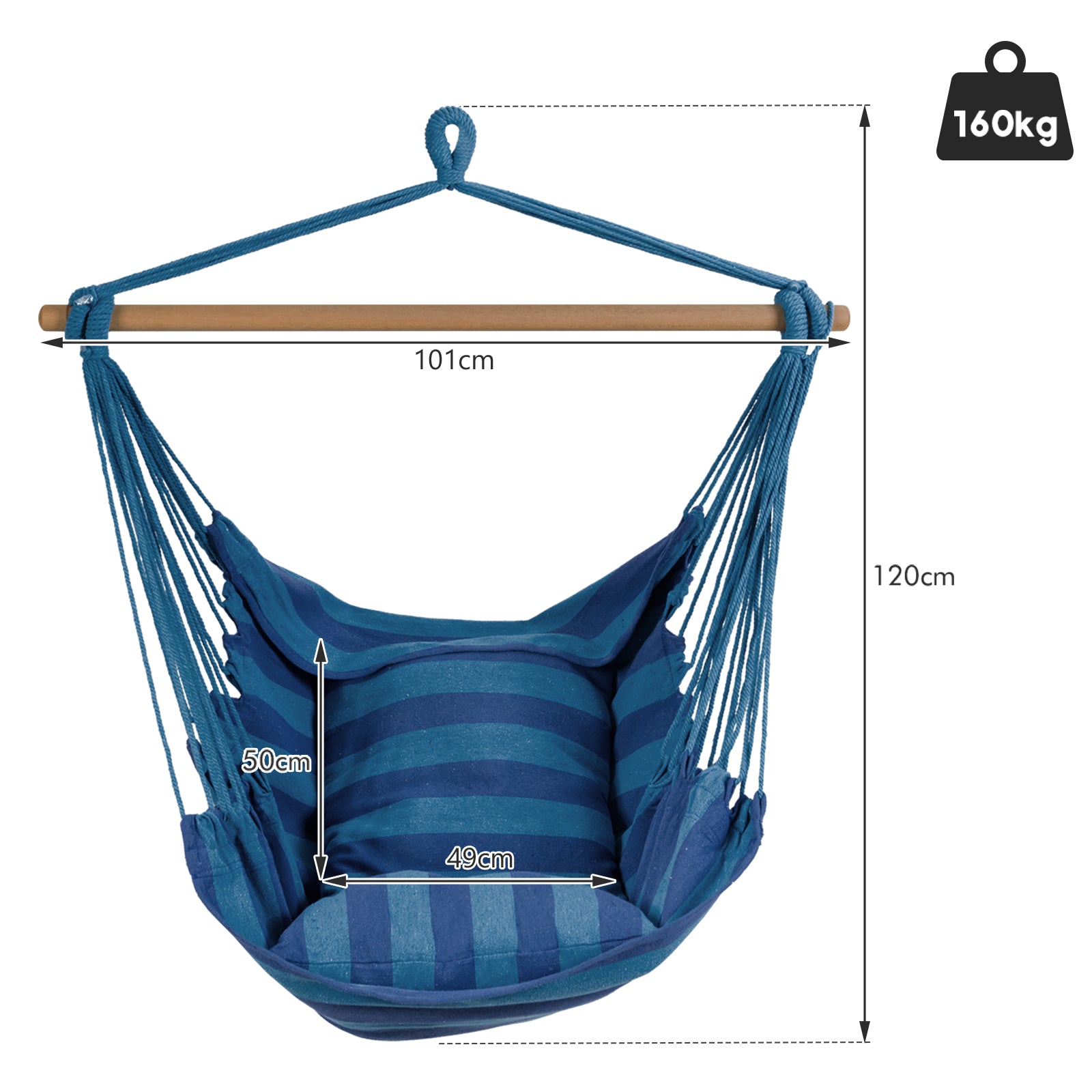 Hammock Swing Chair with 2 Padded Cushions and Solid Wood Spreader Bar-Navy