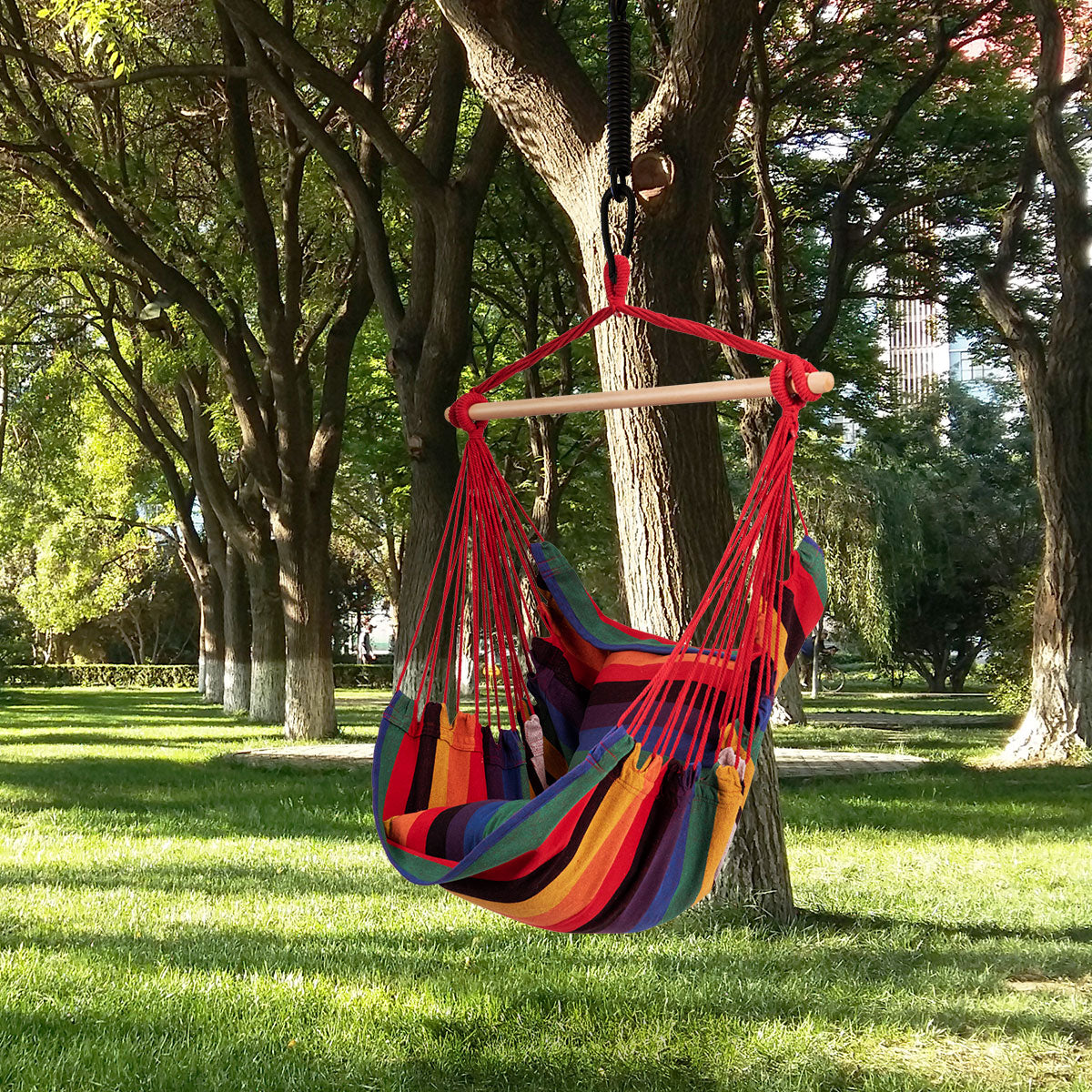 Hammock Swing Chair with 2 Padded Cushions and Solid Wood Spreader Bar-Red