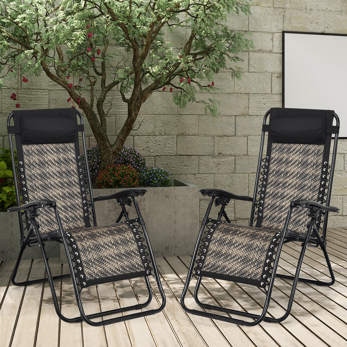 2 Pcs Rattan Folding Sun Lounger Reclining Chair with Removable Headrest-Grey