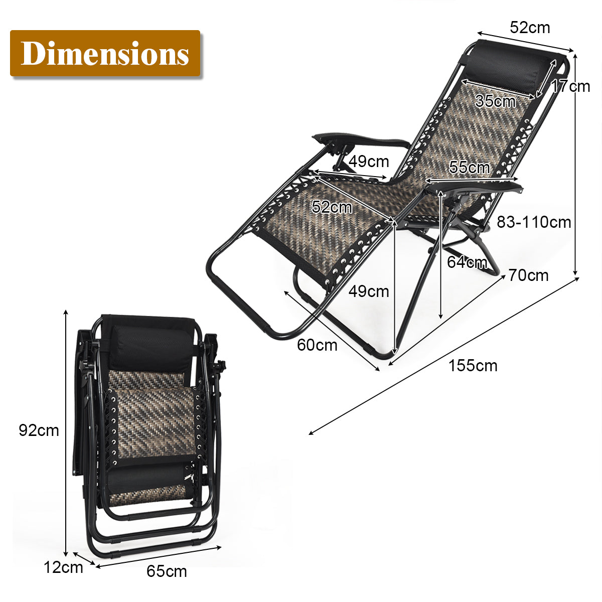 2 Pcs Rattan Folding Sun Lounger Reclining Chair with Removable Headrest-Grey