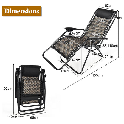 2 Pcs Rattan Folding Sun Lounger Reclining Chair with Removable Headrest-Grey