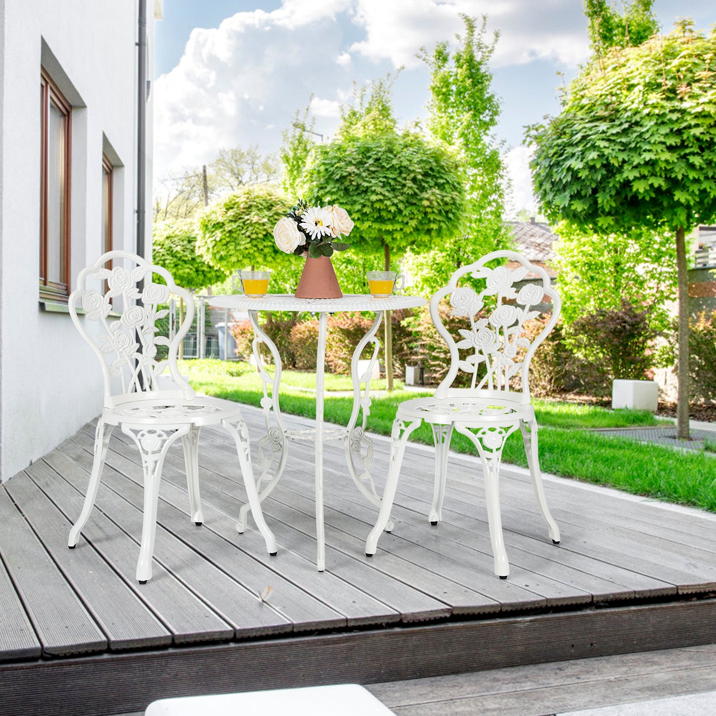 3pcs Aluminium Bistro Dining Table Set with Roses Design-White