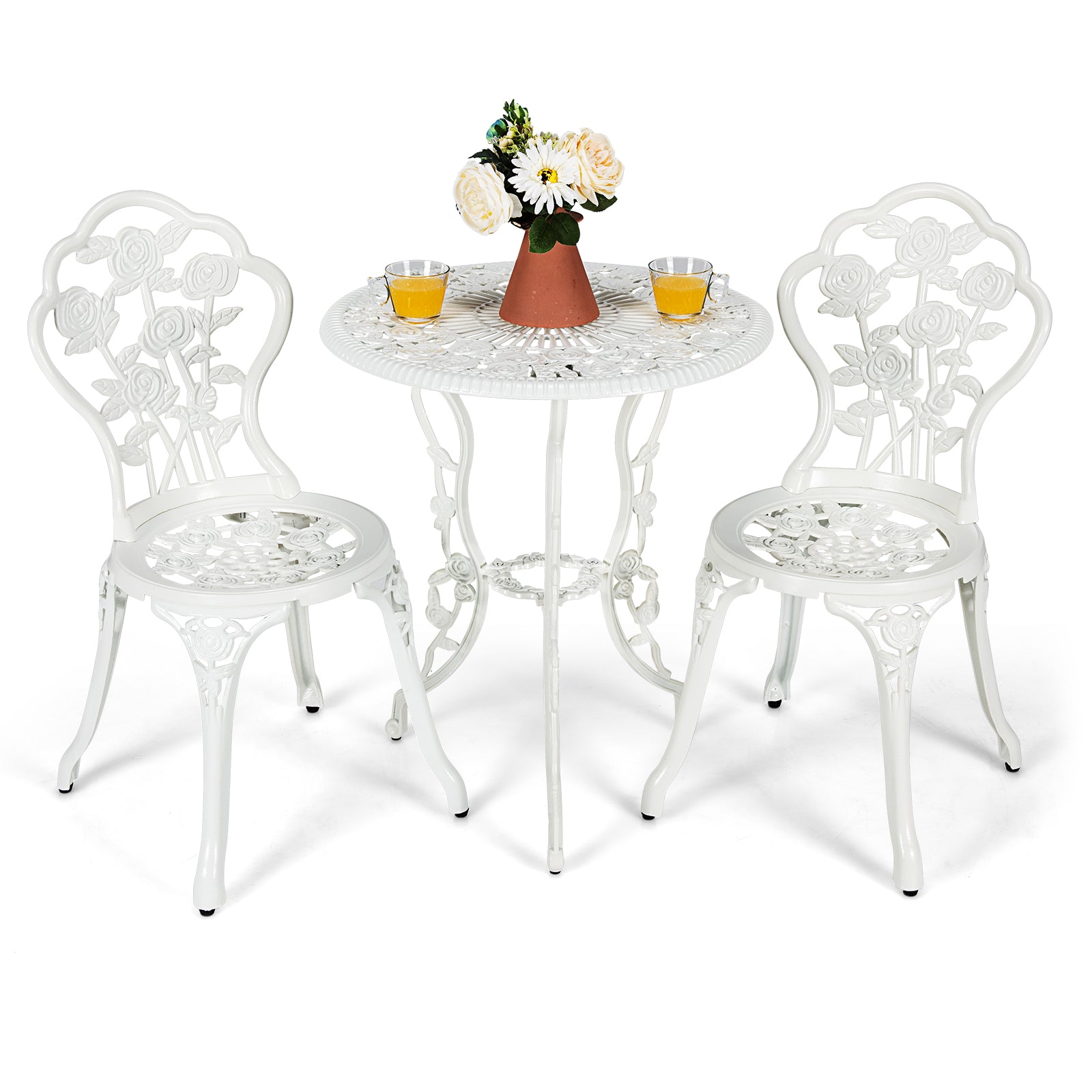 3pcs Aluminium Bistro Dining Table Set with Roses Design-White