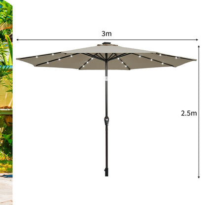 3m Solar Powered LED Lighted Patio Umbrella with Tilt and Crank-Coffee