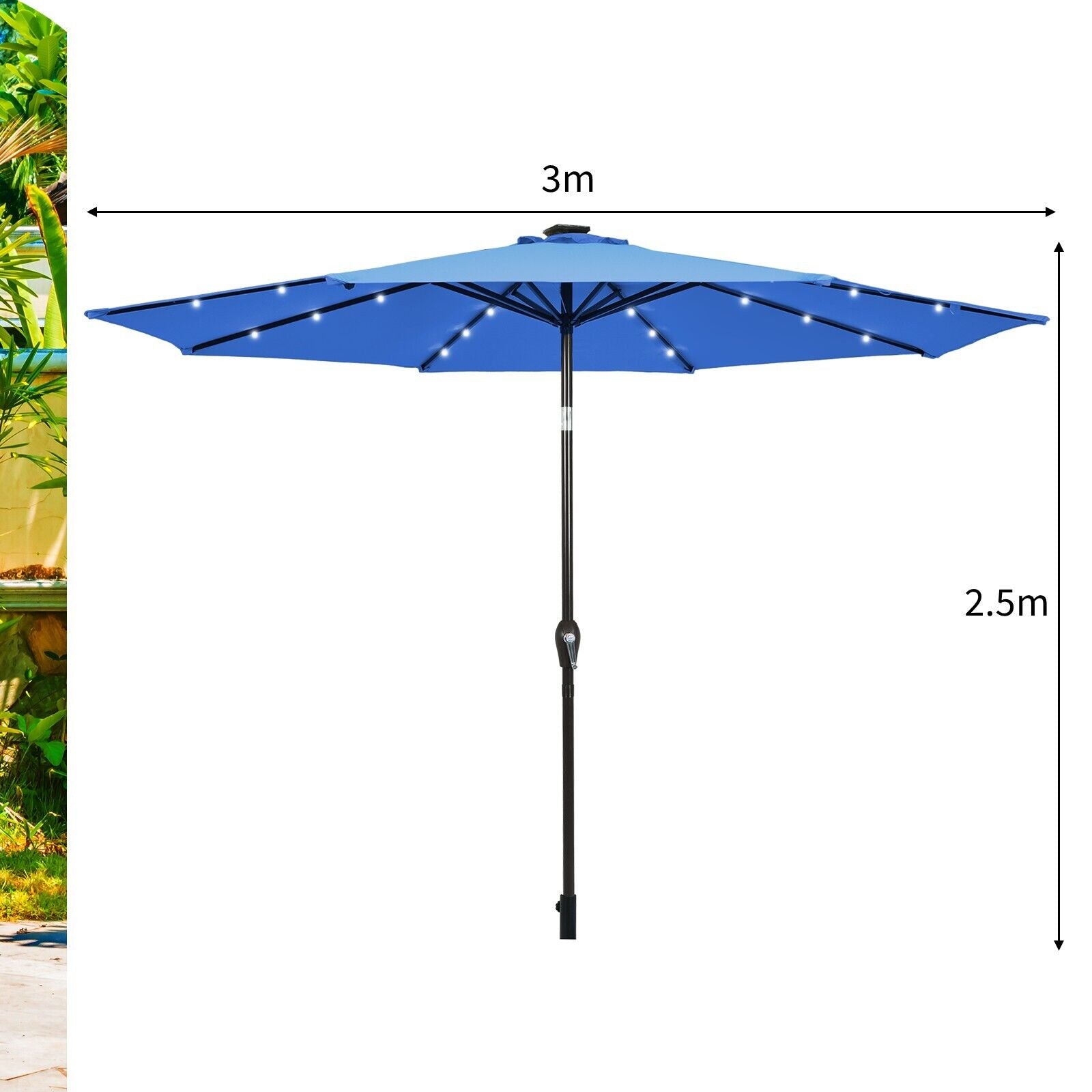 3m Solar Powered LED Lighted Patio Umbrella with Tilt and Crank-Blue