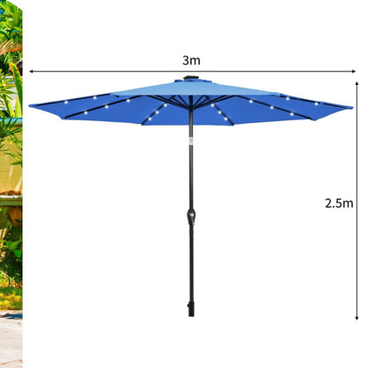 3m Solar Powered LED Lighted Patio Umbrella with Tilt and Crank-Blue