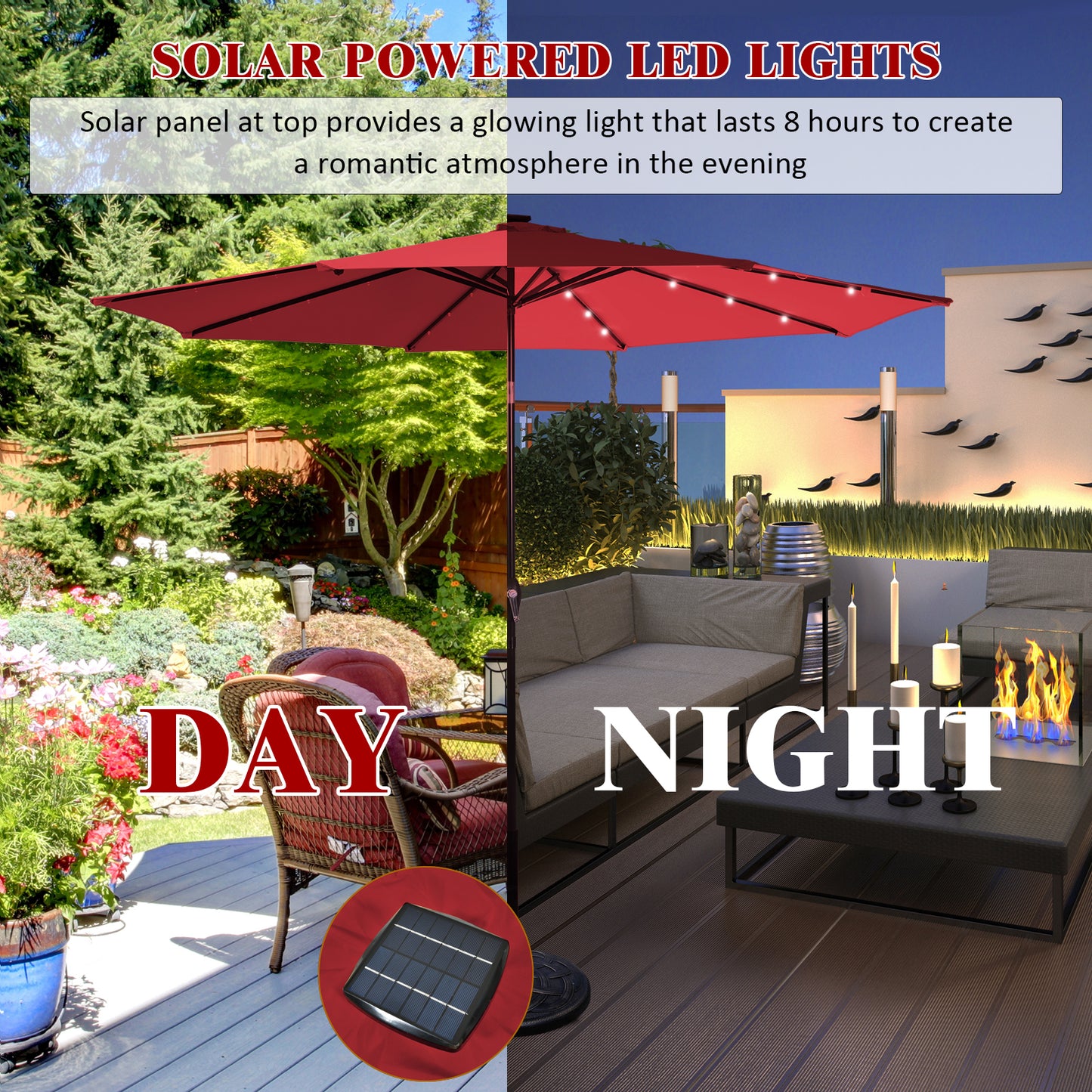 3m Solar Powered LED Lighted Patio Umbrella with Tilt and Crank-Burgundy