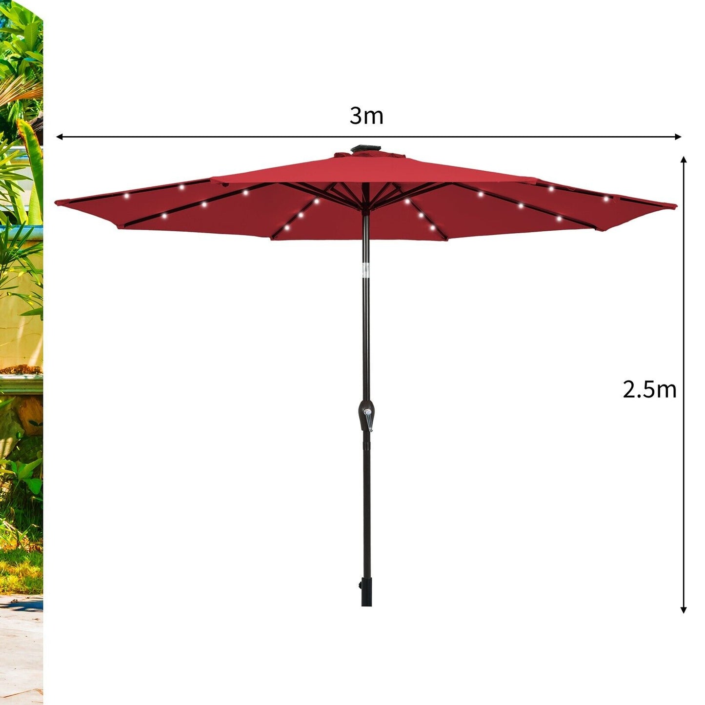 3m Solar Powered LED Lighted Patio Umbrella with Tilt and Crank-Burgundy