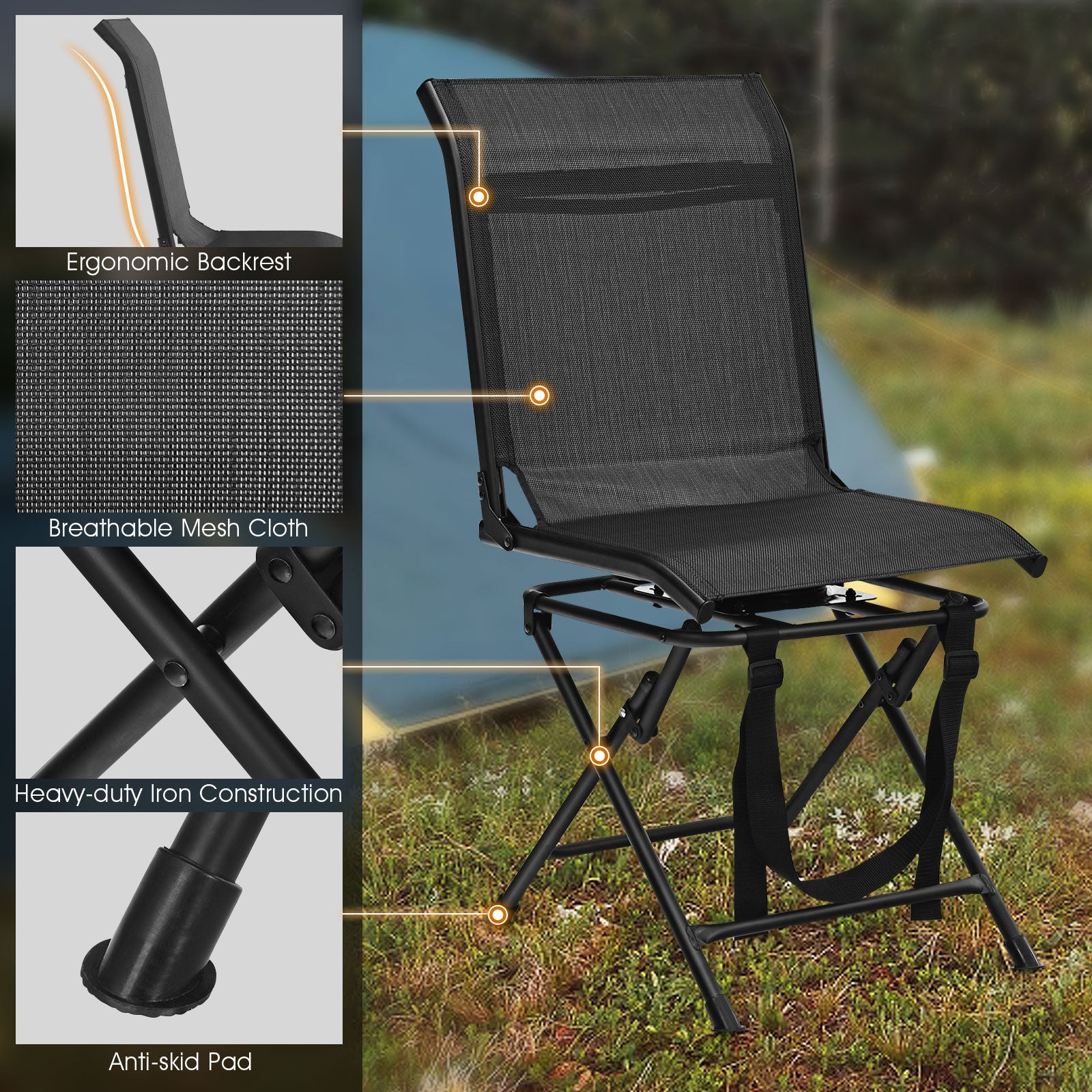 360° Swivel Hunting Blind Chair with Sturdy Metal Frame Support up to 330 lbs-Black