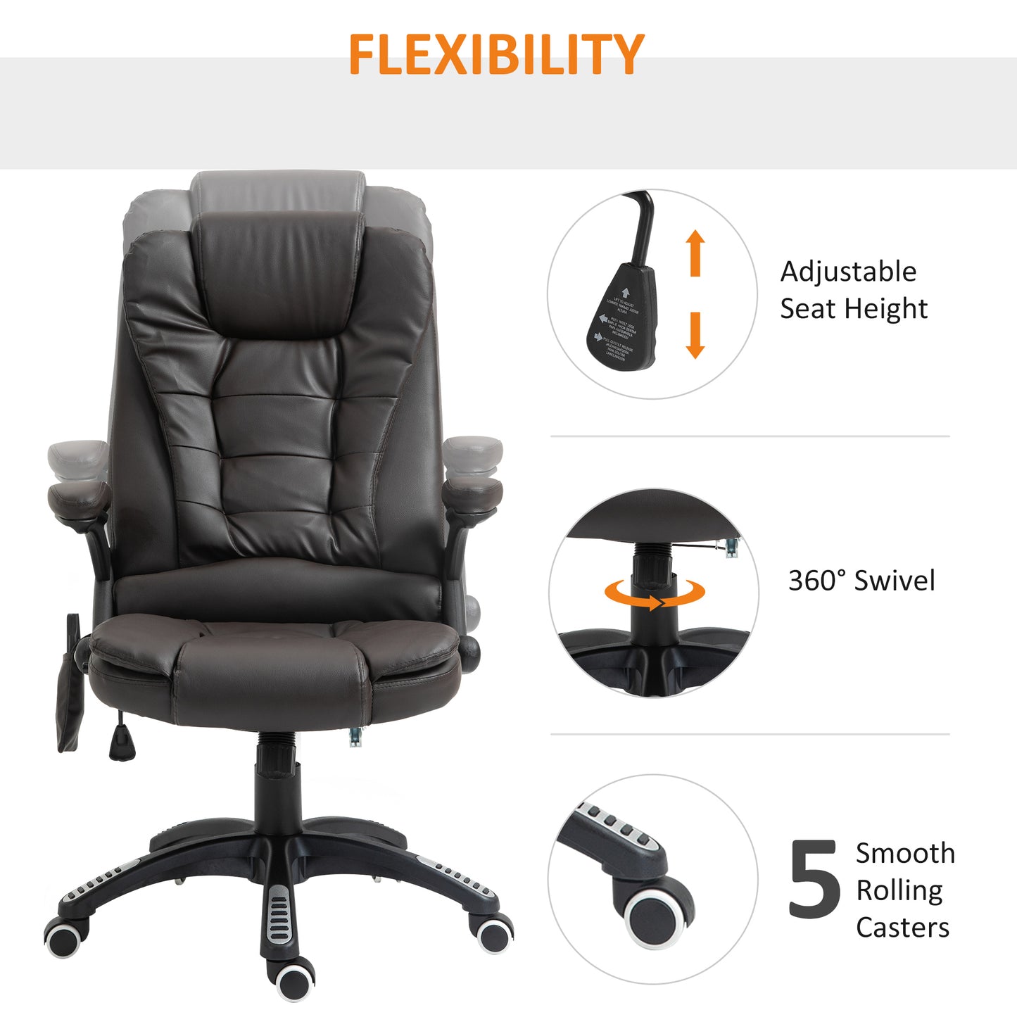 HOMCOM Executive Office Chair with Massage and Heat, High Back PU Leather Massage Office Chair With Tilt and Reclining Function, Brown