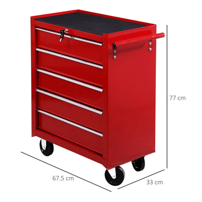 HOMCOM 5 Drawer Tool Chest on Wheels, Lockable Steel Tool Trolley with Side Handle for Workshop, Garage, Red