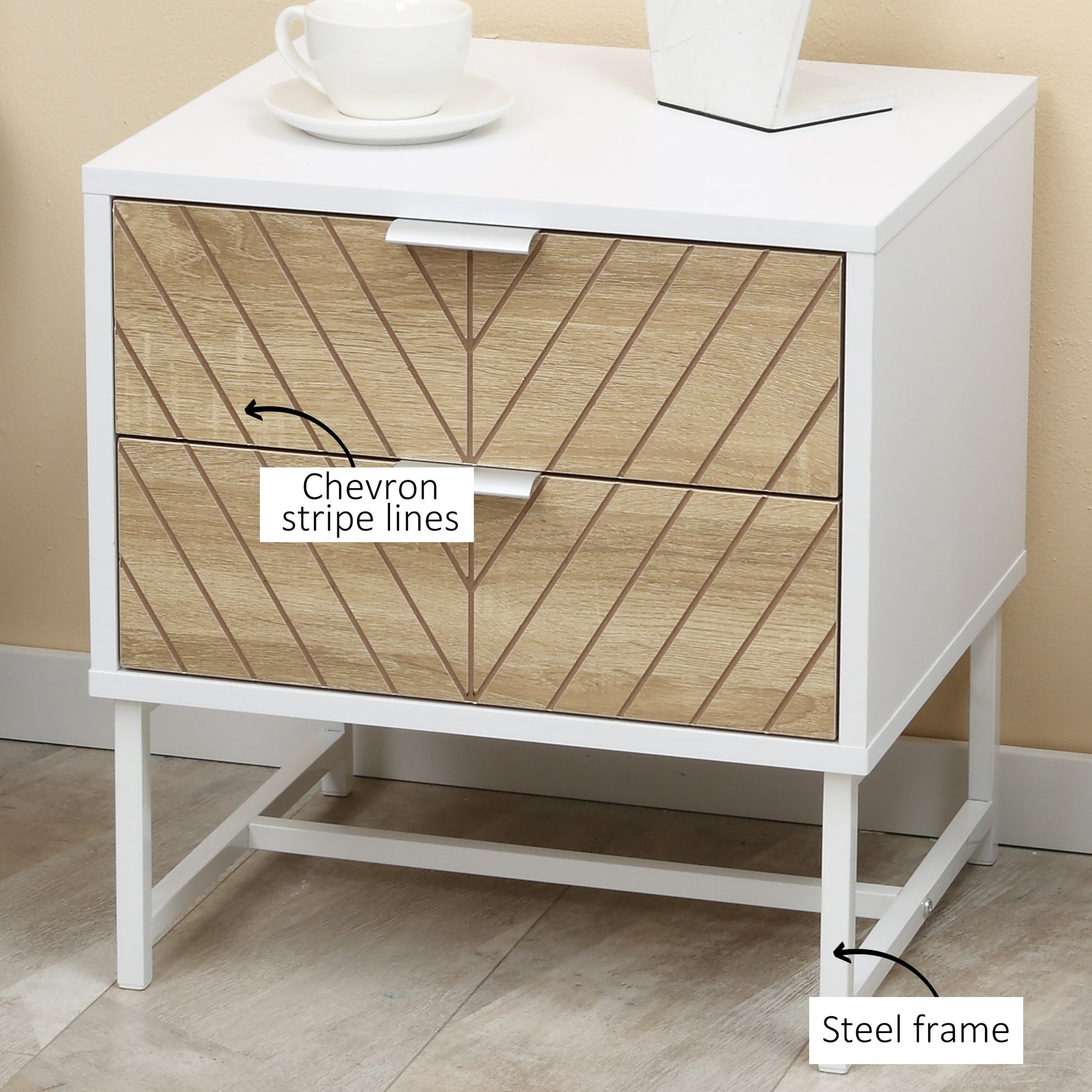 HOMCOM Modern Bedside Table with 2 Drawers and Metal Frame, Sofa Side Table for Bedroom Living Room, White and Oak