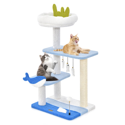 Ocean-themed Cat Tree with Scratching Posts and Hanging Toys-Blue