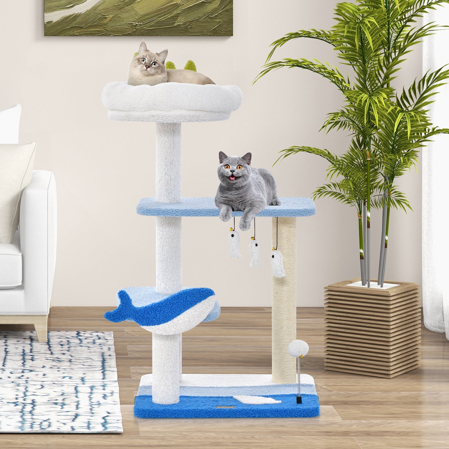 Ocean-themed Cat Tree with Scratching Posts and Hanging Toys-Blue