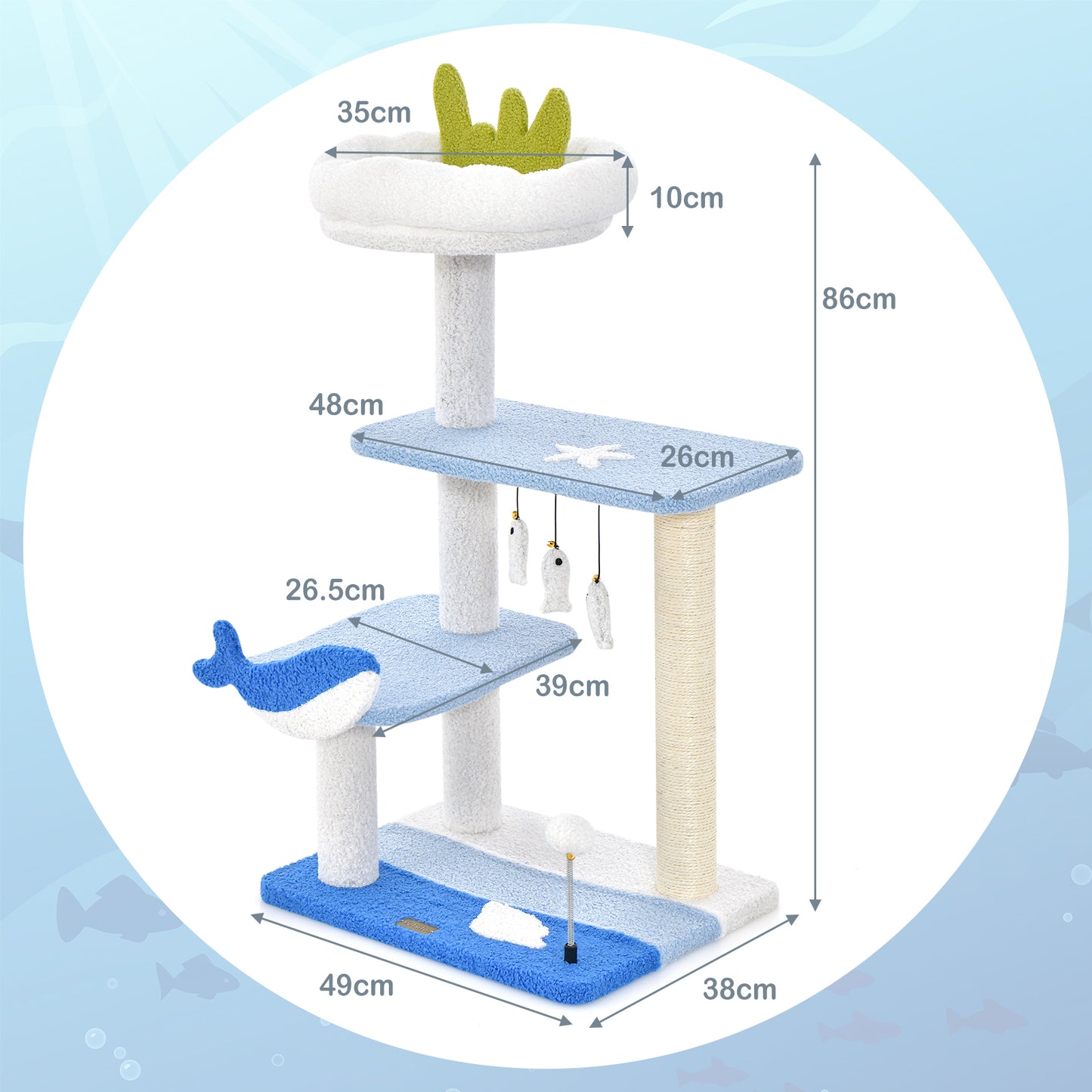 Ocean-themed Cat Tree with Scratching Posts and Hanging Toys-Blue