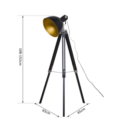 HOMCOM Studio Floor Lamp,Tripod Spotlight Lamp with Wood Legs, Ø 30 cm Lampshade and Max. 40W, 152cm Floor Lamp, Metal, Black and Gold