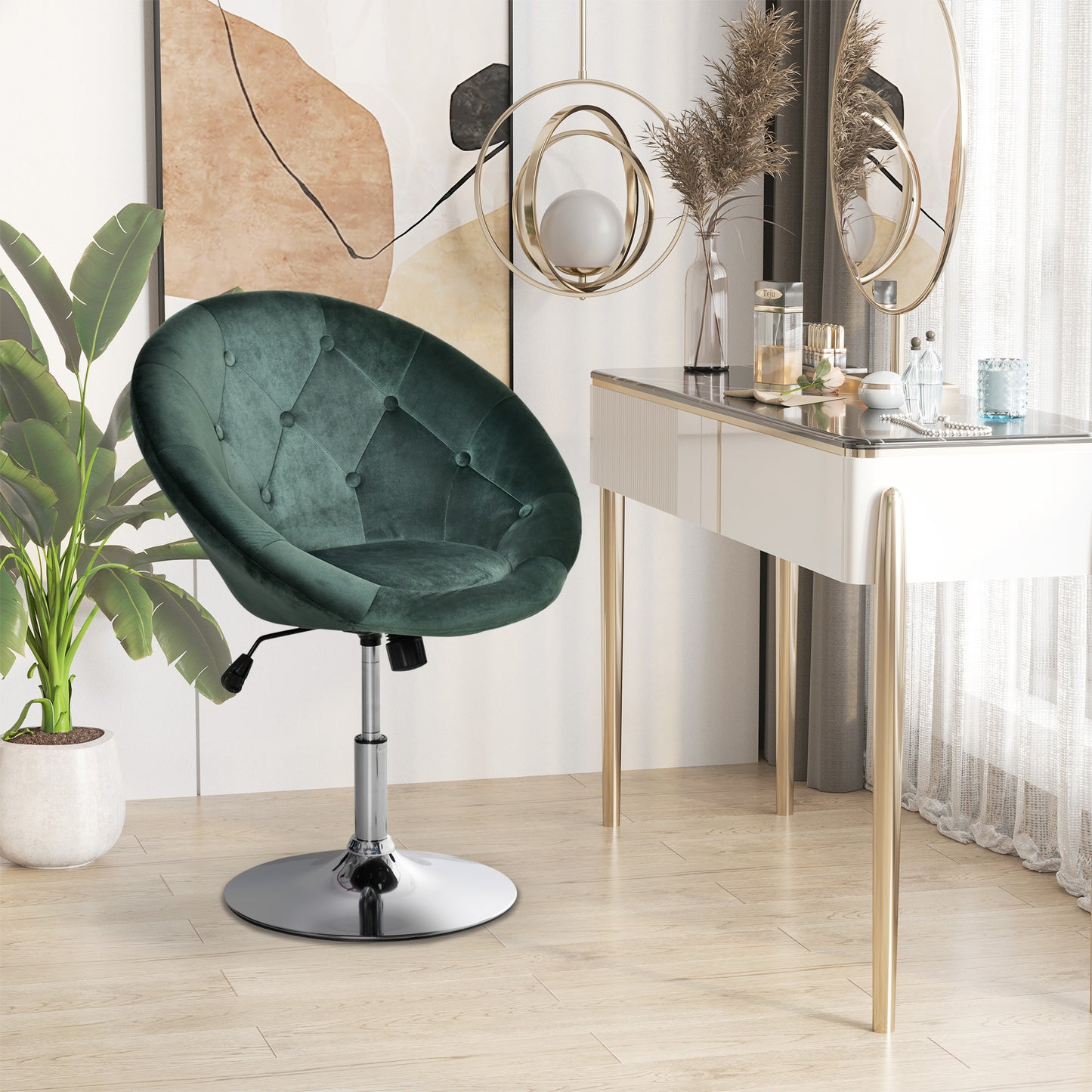 HOMCOM Modern Dining Height Bar Stool Velvet-Touch Tufted Fabric Adjustable Height Armless Tub Chair with Swivel Seat, Green