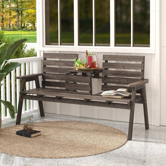 Outdoor Fir Wood Bench with Foldable Middle Table-Coffee