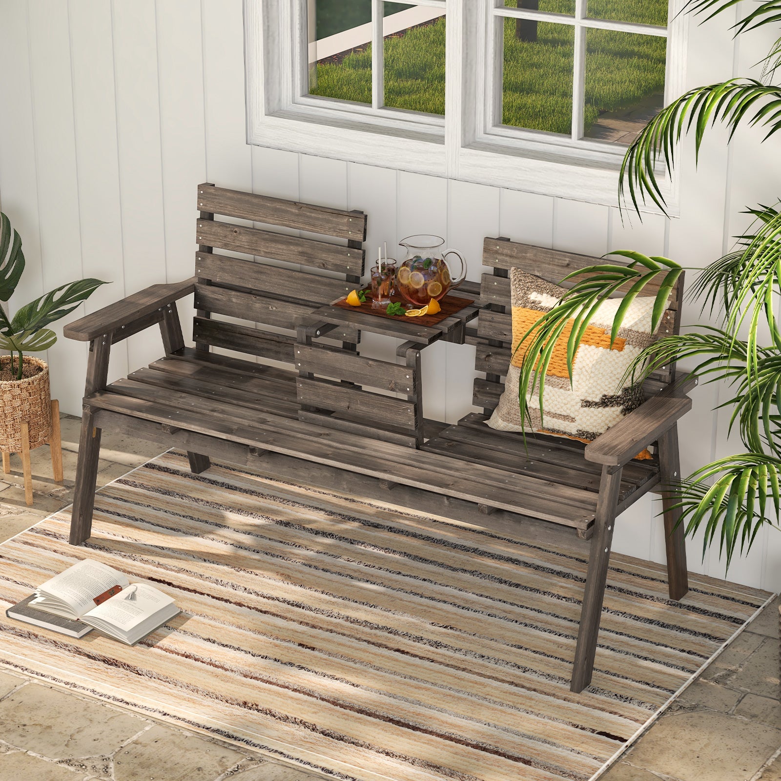 Outdoor Fir Wood Bench with Foldable Middle Table-Coffee