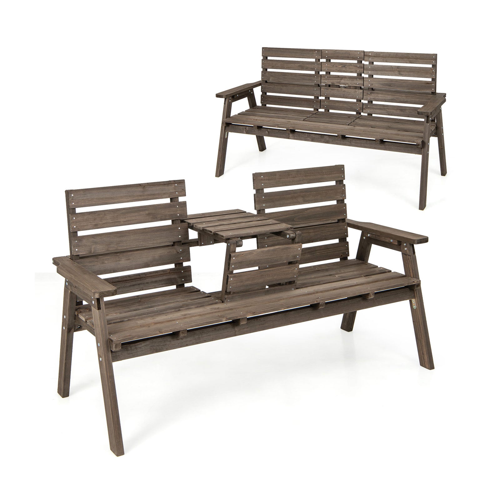 Outdoor Fir Wood Bench with Foldable Middle Table-Coffee