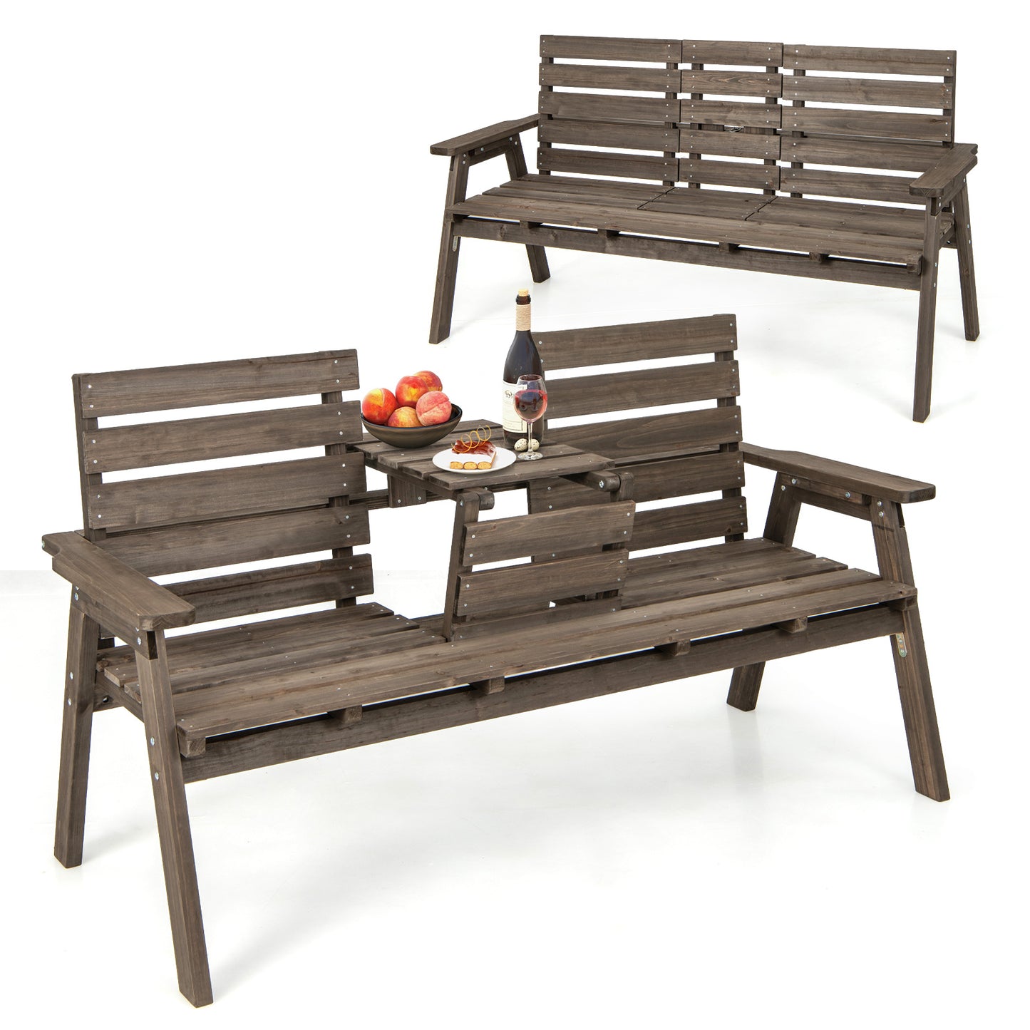 Outdoor Fir Wood Bench with Foldable Middle Table-Coffee