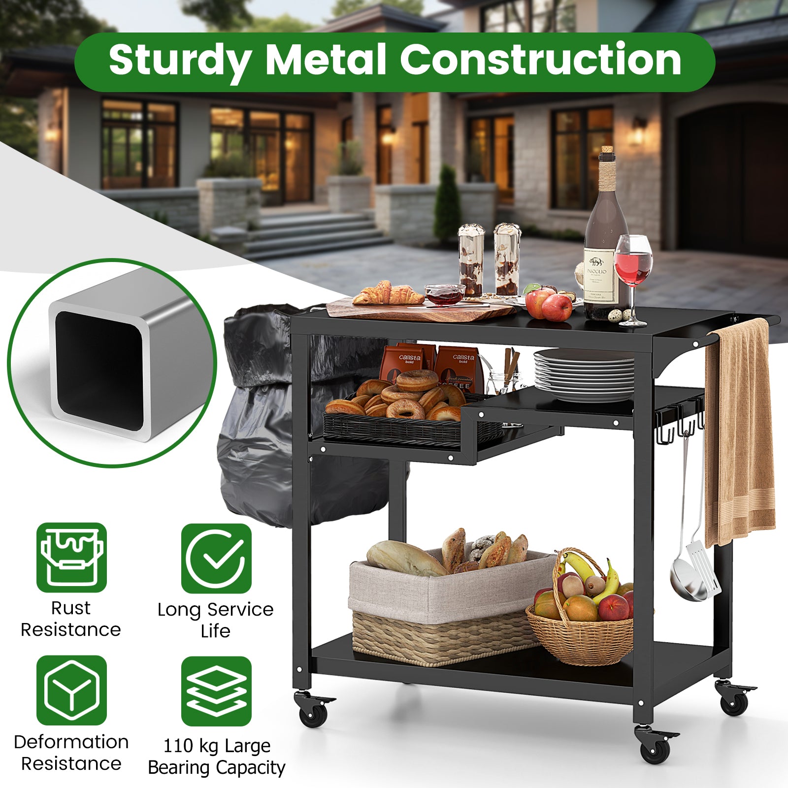  3-Shelf Movable BBQ Cart with 4 Lockable Wheels, Hooks and Side Handle-Black