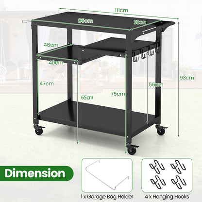  3-Shelf Movable BBQ Cart with 4 Lockable Wheels, Hooks and Side Handle-Black