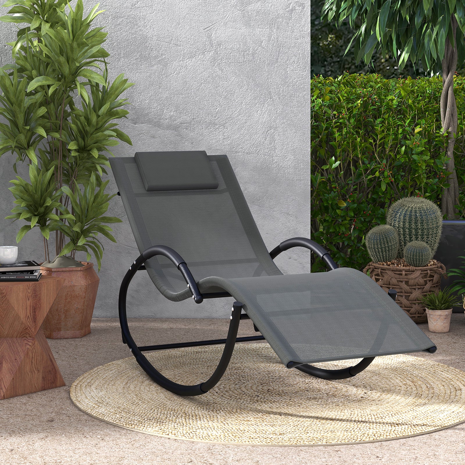 Outdoor Rocking Lounge Chair with Removable Headrest-Grey